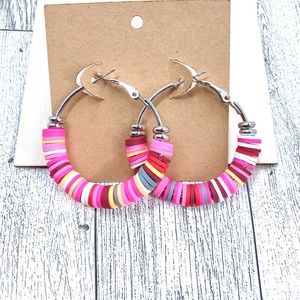Silver Red Pink Mixed Colors and White Hoop Earrings